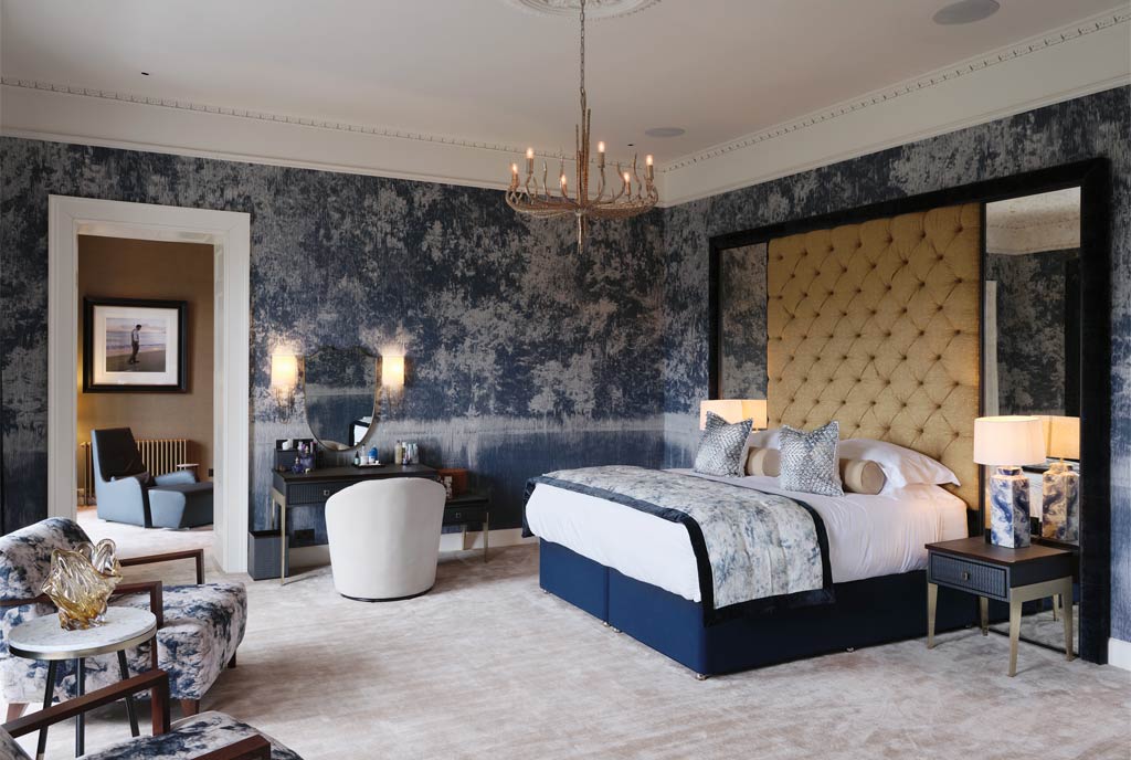 Large Blue And Gold Headboard Bedroom scheme
