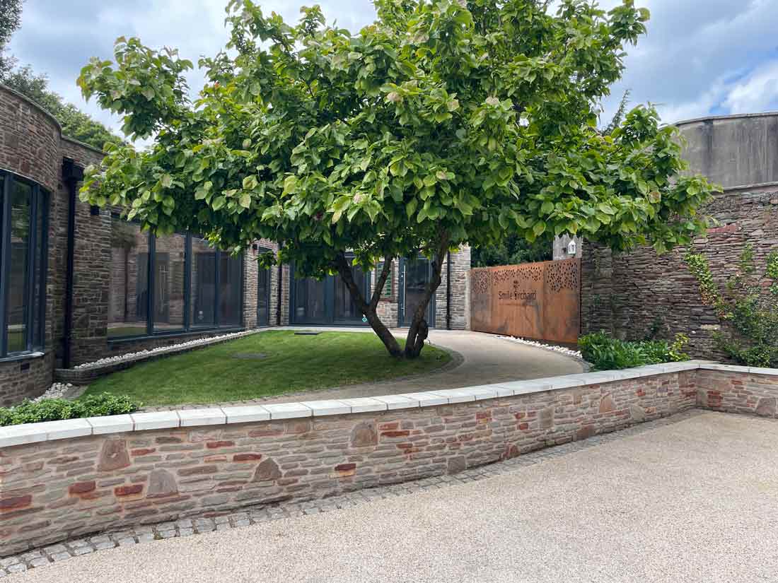 Smile Orchard Exterior with large green tree and Corten steel panels by Joseph King Interiors Bristol