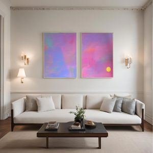 Blue, Pink Lilac Abstract Art In Neutral Living Room Georgie Web Art Joseph King Interiors