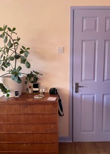 Friendly Lilac Door And Woodwork with dark wood chest of draws and plant