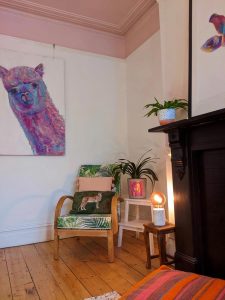 Pink Ceiling with Tropical Print Chair Joseph King Interiors Bristol